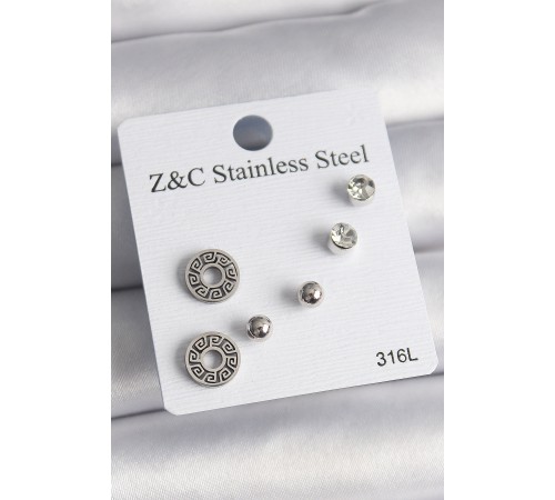 316L Çelik Gümüş Renk Zirkon Taşlı Labirent Model Kadın Küpe Seti - TJ-BKP10012