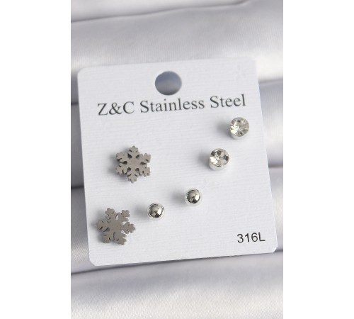 316L Çelik Gümüş Renk Zirkon Taşlı Kar Tanesi Model Kadın Küpe Seti - TJ-BKP10014