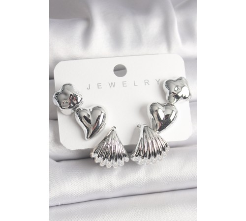 Gümüş Renk Yonca Kalp Deniz Kabuğu Figür CCB Kadın Küpe Seti - TJ-BKP10021