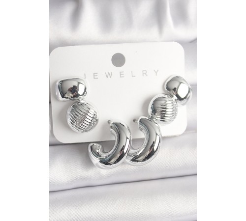 Gümüş Renk İşlemeli Daire Halka Model CCB Platik Kadın Küpe Seti - TJ-BKP10025