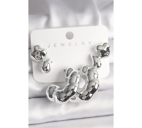 Gümüş Renk Yonca Damla Halka Model CCB Plastik Kadın Küpe Seti - TJ-BKP10027