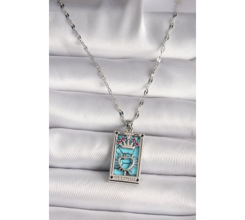 316L Çelik Gümüş Renk Pembe Zirkon Taşlı Taç Kalp Portre Model Kadın Kole - TJ-BKO9669