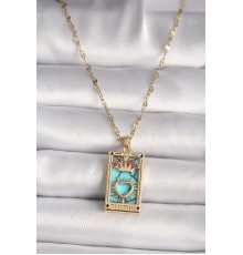 316L Gold Renk Pembe Zirkon Taşlı Taç Kalp Portre Model Kadın Kolye - TJ-BKO9670