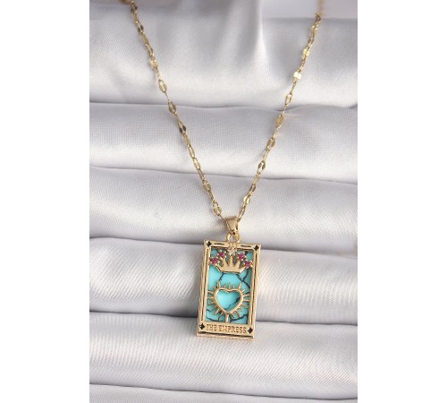 316L Gold Renk Pembe Zirkon Taşlı Taç Kalp Portre Model Kadın Kolye - TJ-BKO9670