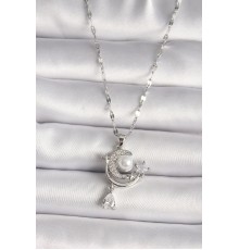 316L Çelik Gümüş Renk Zirkon Taşlı Ay Yıldız Sallantı Detay Kadın Kolye - TJ-BKO9671