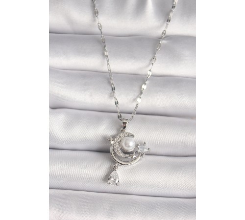 316L Çelik Gümüş Renk Zirkon Taşlı Ay Yıldız Sallantı Detay Kadın Kolye - TJ-BKO9671