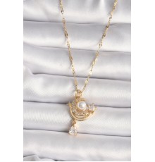 316L Gold Renk Zirkon Taşlı Ay Yıldız Model Sallantı Detay Kadın Kolye - TJ-BKO9672