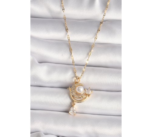 316L Gold Renk Zirkon Taşlı Ay Yıldız Model Sallantı Detay Kadın Kolye - TJ-BKO9672