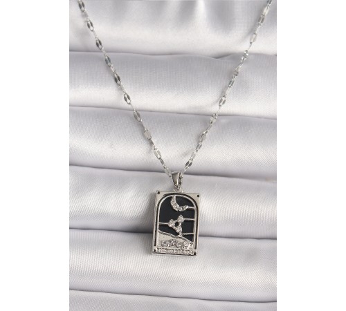 316L Çelik Gümüş Renk Zirkon Taşlı Ay Figürlü Taror Model Kadın Kolye - TJ-BKO9685