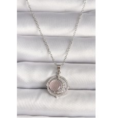 316L Çelik Gümüş Renk Zirkon Taşlı Pembe Sedefli Hilal Model Kadın Kolye - TJ-BKO9701