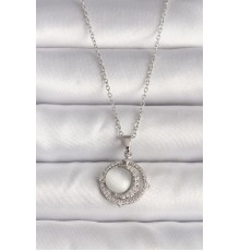 316L Çelik Gümüş Renk Zirkon Taşlı Beyaz Sedefli Hilal Model Kadın Kolye - TJ-BKO9702