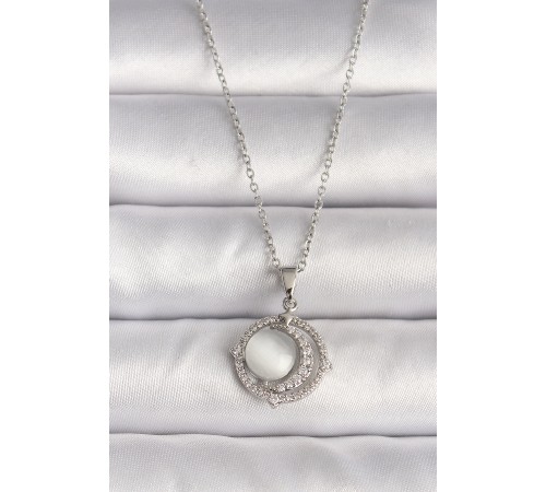 316L Çelik Gümüş Renk Zirkon Taşlı Beyaz Sedefli Hilal Model Kadın Kolye - TJ-BKO9702