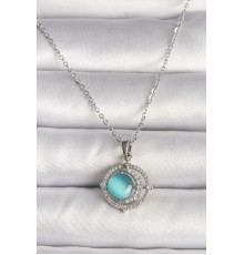 316L Çelik Gümüş Renk Zirkon Taşlı Mavi Sedefli Hilal Model Kadın Kolye - TJ-BKO9703