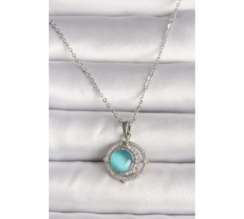 316L Çelik Gümüş Renk Zirkon Taşlı Mavi Sedefli Hilal Model Kadın Kolye - TJ-BKO9703