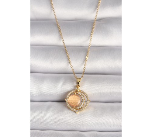 316L Çelik Gold Renk Zirkon Taşlı Turuncu Sedefli Hilal Model Kadın Kolye - TJ-BKO9704