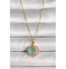 316L Çelik Gold Renk Zirkon Taşlı Yeşil Sedefli Hilal Model Kadın Kolye - TJ-BKO9706