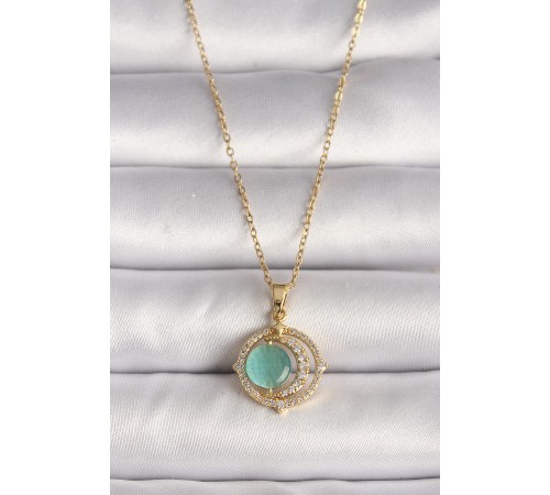 316L Çelik Gold Renk Zirkon Taşlı Yeşil Sedefli Hilal Model Kadın Kolye - TJ-BKO9706