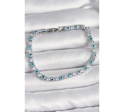 Pirinç Gümüş Renk Su Yolu Zirkon Taşlı Nazar Boncuklu Kadın Bileklik - TJ-BB6647