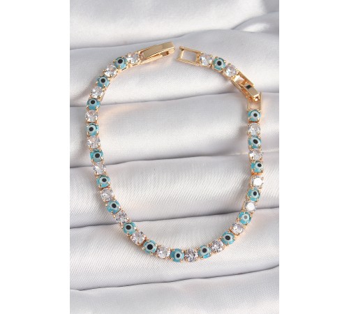 Pirinç Gold Renk Su Yolu Zirkon Taşlı Nazar Boncuklu Kadın Bileklik - TJ-BB6648