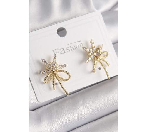 Pirinç Gold Renk Zirkon Taşlı Yıldız Düğüm Model Kadın Küpe - TJ-BKP9951