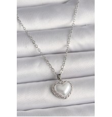 316L Çelik Gümüş Renk Zincir 3D İnci Kalp Model Kadın Kolye - TJ-BKO9712