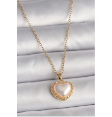 316L Çelik Gold Renk Zincir 3D İnci Kalp Model Kadın Kolye - TJ-BKO9713
