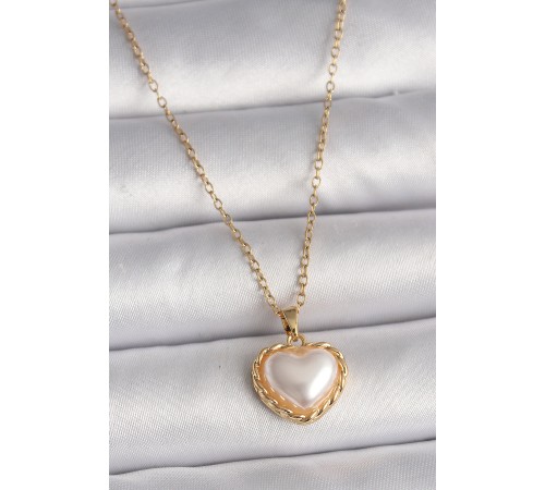 316L Çelik Gold Renk Zincir 3D İnci Kalp Model Kadın Kolye - TJ-BKO9713
