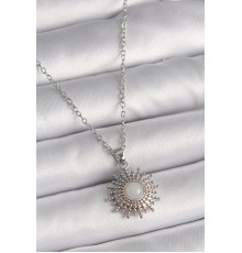 316L Çelik Gümüş Renk Zincir Beyaz Mineli Güneş Model Kadın Kolye - TJ-BKO9719