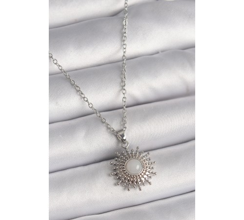 316L Çelik Gümüş Renk Zincir Beyaz Mineli Güneş Model Kadın Kolye - TJ-BKO9719