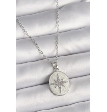 316L Çelik Gümüş Renk Zincir Beyaz Mineli Zirkon Taşlı Kutup Yıldız İşleme Kadın Kolye - TJ-BKO9723