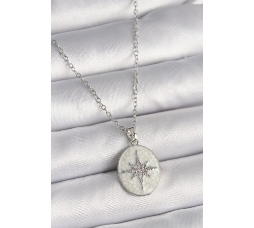 316L Çelik Gümüş Renk Zincir Beyaz Mineli Zirkon Taşlı Kutup Yıldız İşleme Kadın Kolye - TJ-BKO9723