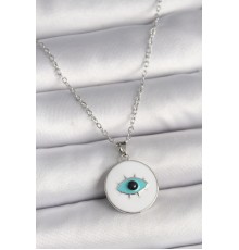316L Çelik Gümüş Renk Zincir Beyaz Mineli Turkuaz Göz İşleme Model Kadın Kolye - TJ-BKO9729
