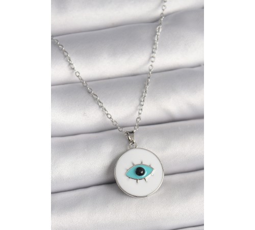316L Çelik Gümüş Renk Zincir Beyaz Mineli Turkuaz Göz İşleme Model Kadın Kolye - TJ-BKO9729