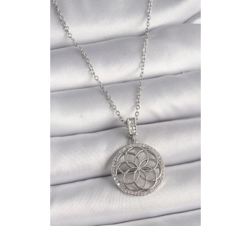 316L Çelik Gümüş Renk Zincir Zirkon Taşlı Lotus Model Kadın Kolye - TJ-BKO9731