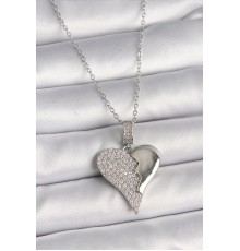 316L Çelik Gümüş Renk Zincir Zirkon Taşlı Kırık Kalp Model Kadın Kolye - TJ-BKO9756