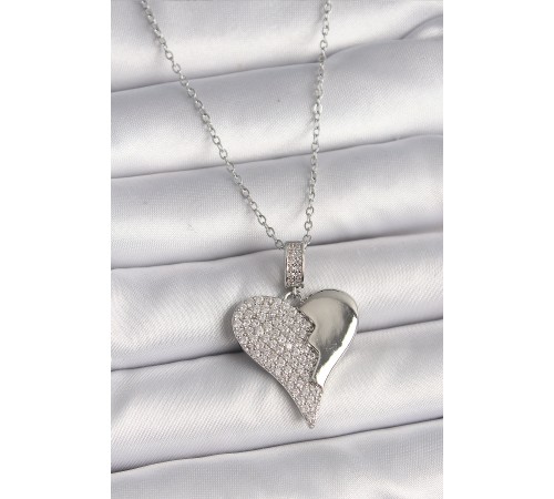 316L Çelik Gümüş Renk Zincir Zirkon Taşlı Kırık Kalp Model Kadın Kolye - TJ-BKO9756