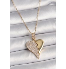 316L Çelik Gold Renk Zincir Zirkon Taşlı Kırık Kalp Model Kadın Kolye - TJ-BKO9757