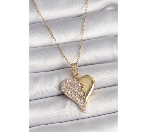 316L Çelik Gold Renk Zincir Zirkon Taşlı Kırık Kalp Model Kadın Kolye - TJ-BKO9757