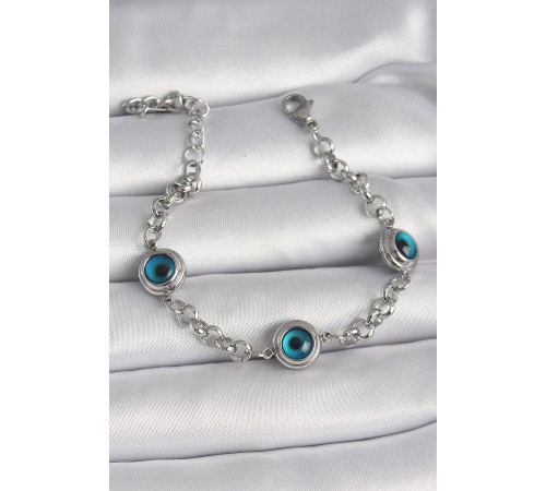 316L Çelik Gümüş Renk Zincir Model Nazar Boncuklu Kadın Bileklik - TJ-BB6653