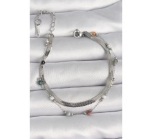 316L Çelik Gümüş Renk 2'li İtalyan Zincir Kristal Taş Detay Kadın Bileklik - TJ-BB6666