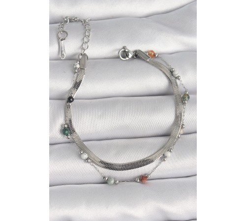 316L Çelik Gümüş Renk 2'li İtalyan Zincir Kristal Taş Detay Kadın Bileklik - TJ-BB6666