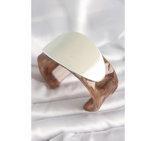 Kahverengi Mermer Desen Akrilik Plastik Gümüş Oval Plaka Model Vintage Kadın Bilezik - TJ-BB6674