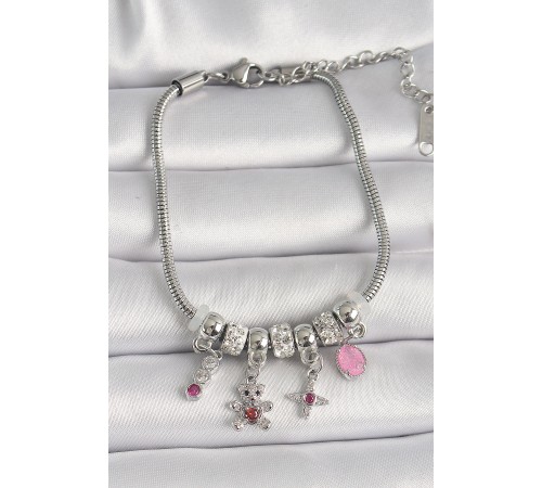 316L Çelik Gümüş Renk Zincir Sallantı Zirkon Taşlı Ayıcık Figür Yıldız Detay Kadın Bileklik - TJ-BB6705