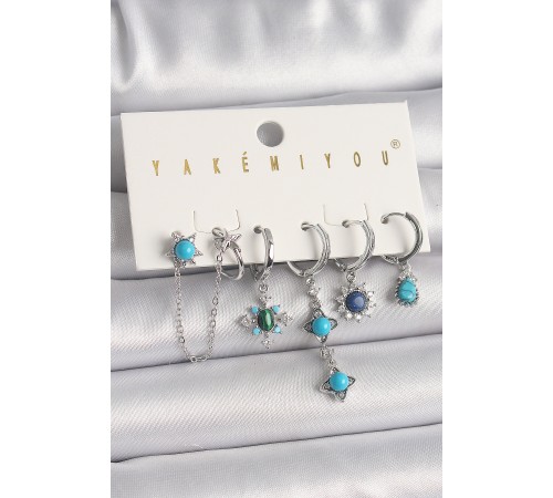 Pirinç Gümüş Renk Zirkon Taş Detaylı Mavi Boncuklu Çiçek Model VIP Seri Kadın Küpe Kombini - TJ-BKP10055