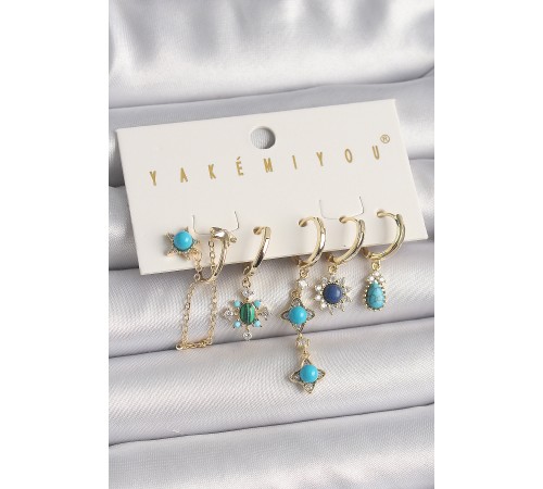 Pirinç Gold Renk Zirkon Taşlı Mavi Boncuklu Çiçek Model VIP Seri Kadın Küpe Kombini - TJ-BKP10056