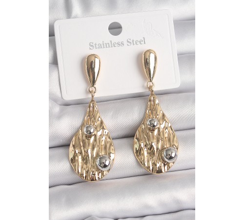 Pirinç Gold Renk Sallantı Damla Model Gümüş Top Detay Kadın Küpe - TJ-BKP10068