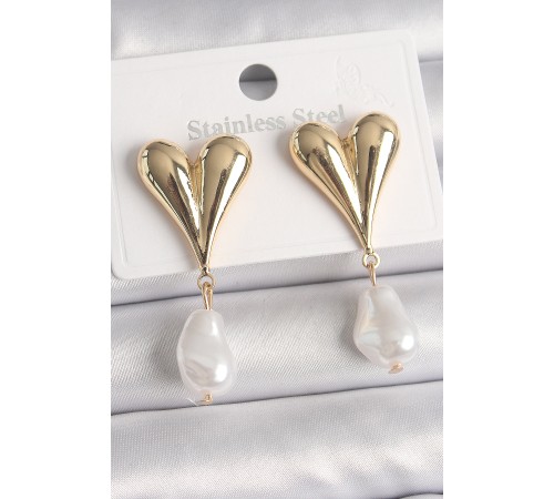 Pirinç Gold Renk Kalp Model Sallantı İnci Damla Model Kadın Küpe - TJ-BKP10075