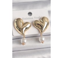 Pirinç Gold Renk Kalp Model Sallantı İnci Detay Kadın Küpe - TJ-BKP10080