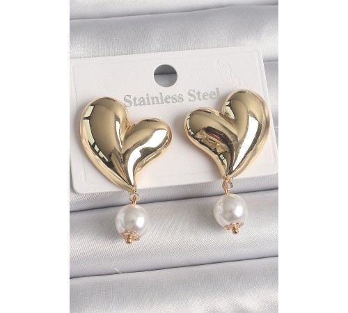 Pirinç Gold Renk Kalp Model Sallantı İnci Detay Kadın Küpe - TJ-BKP10080