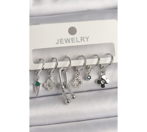 Pirinç Gümüş Renk Zirkon Taşlı Çoklu Figür Kadın Küpe Seti - TJ-BKP10095